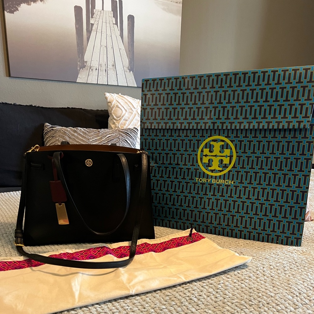 NWT Tory Burch Walker Pebbled Triple-Compartment Satchel Bag